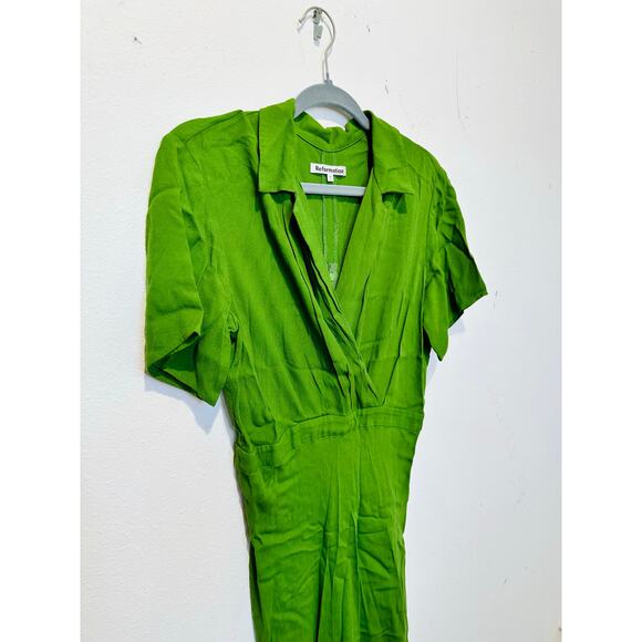 REFORMATION Green Satin Blend Short Sleeve V-Neck Danika A-Line Dress Size M - Picture 8 of 14